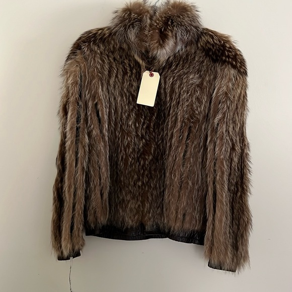 Furvien Paris Vintage Authentic Racoon Fur Brown Short w/Leather Trim Size L - Picture 6 of 16